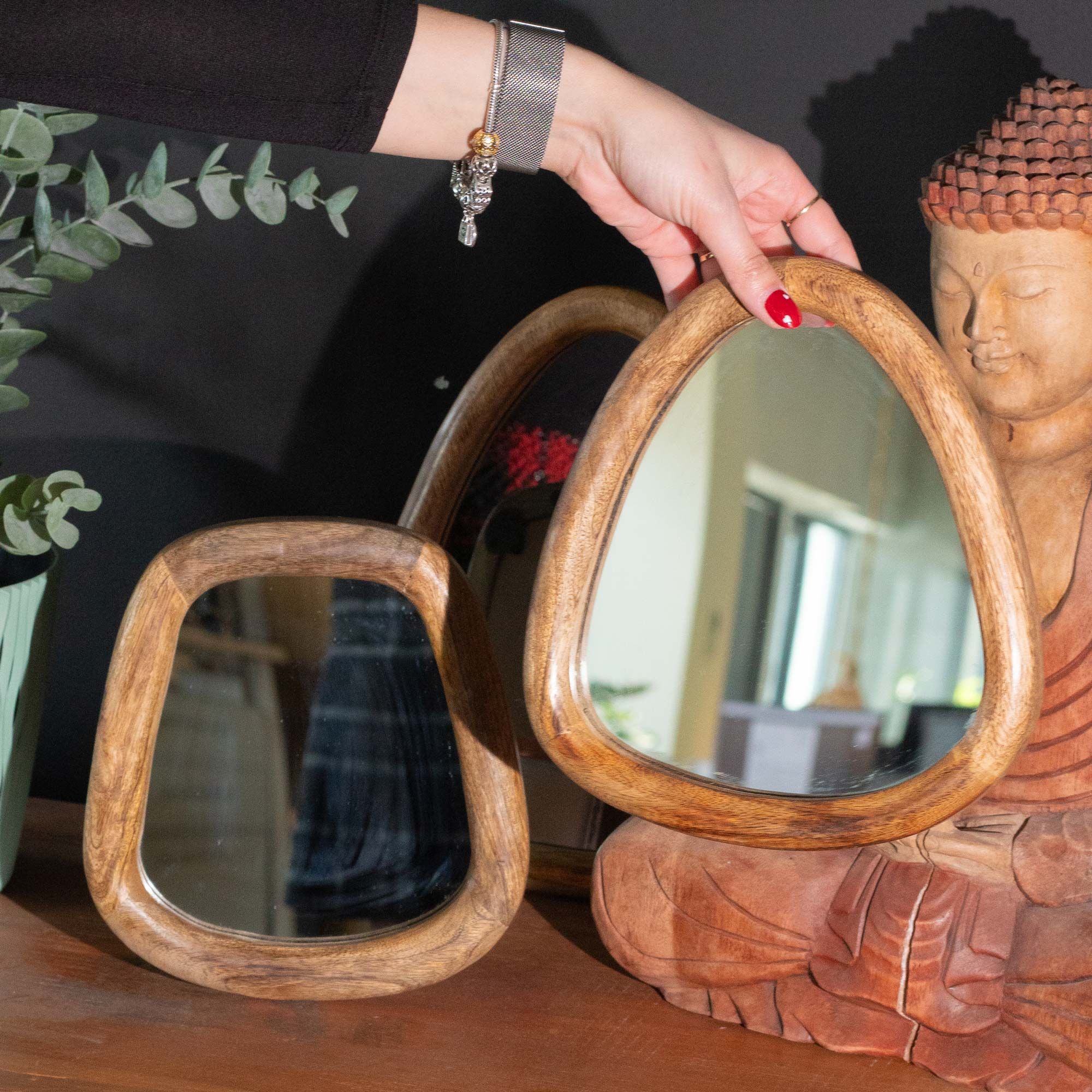 Set of 3 Pebble Shaped Mirrors - Dark Brown Finish - Image 4